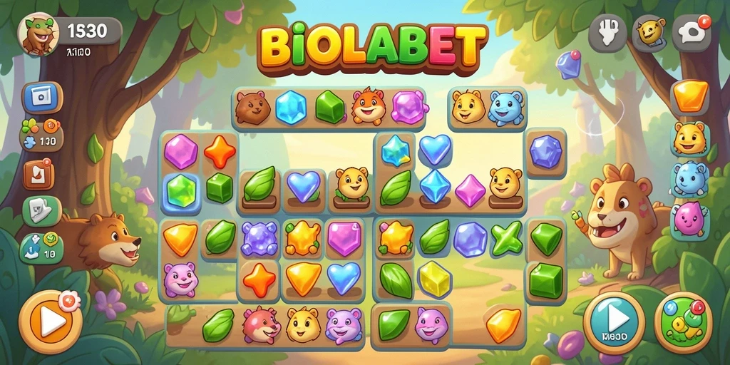 Screenshot gameplay BIOLABET menunjukkan kombinasi batu permata yang berwarna-warni.