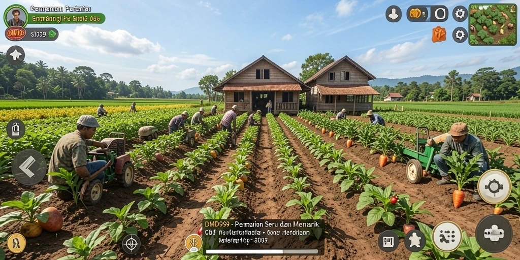 Tampilan screenshot DMD999 menampilkan aktivitas berkebun yang menarik dan interaksi dengan hewan ternak.