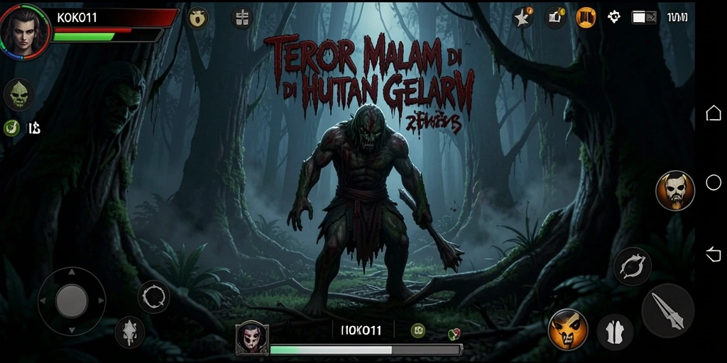 Screenshot gameplay KOKO11 menampilkan suasana horor yang mencekam.