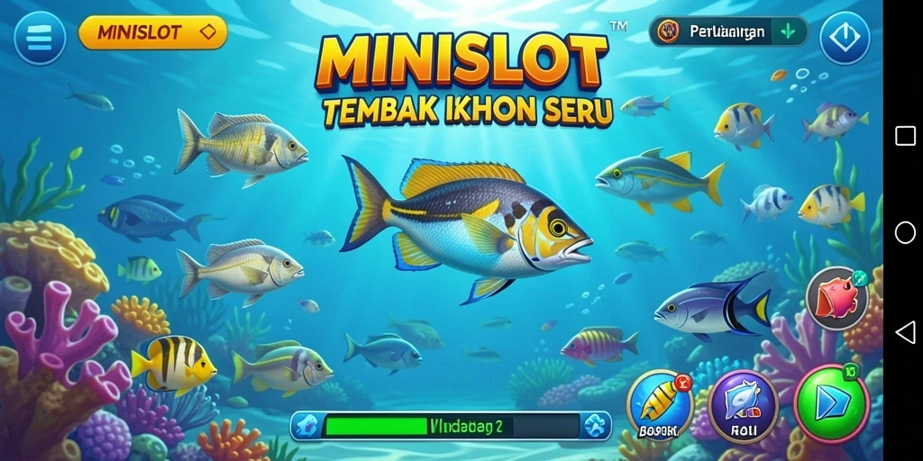 Tampilan gameplay <strong>MINISLOT</strong> dengan aksi seru menembak ikan di layar.
