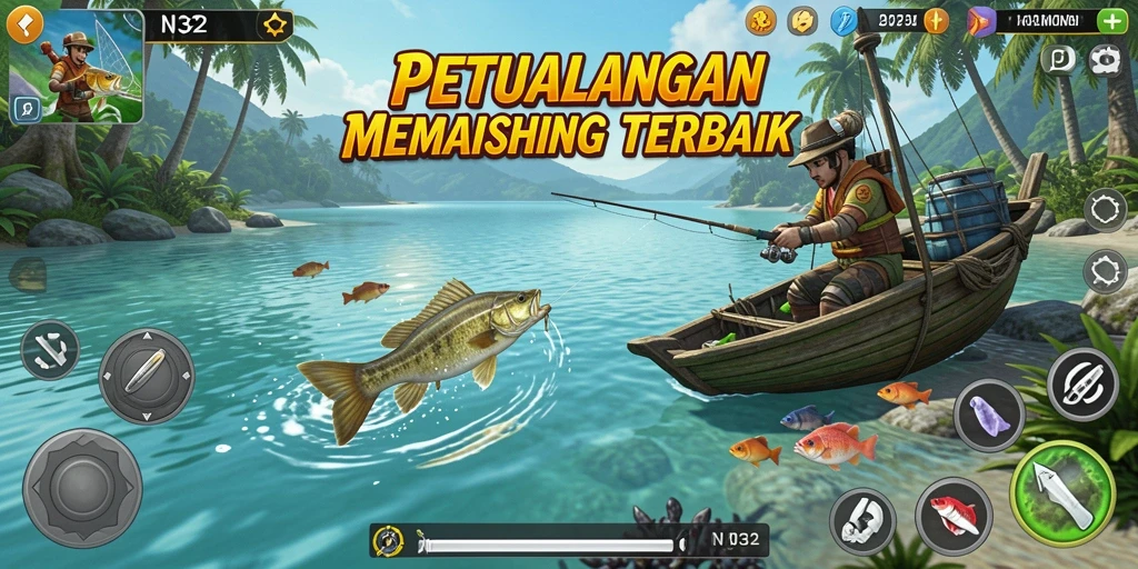 Screenshot N32 menampilkan gameplay seru saat memancing ikan besar.