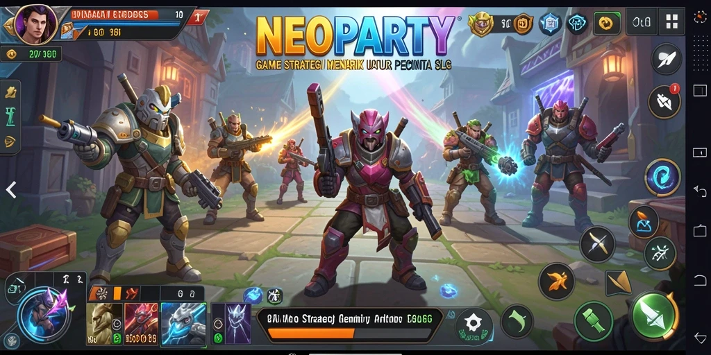 Tangkapan layar utama NEOPARTY menunjukkan momen epik pertempuran strategi.