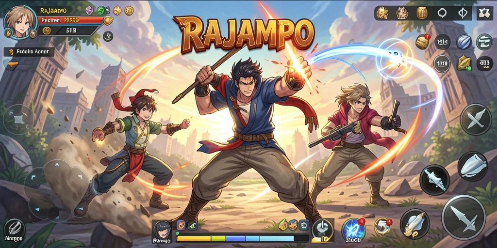 Tampilan gameplay RAJAMPO yang penuh warna dan karakter anime yang menarik.