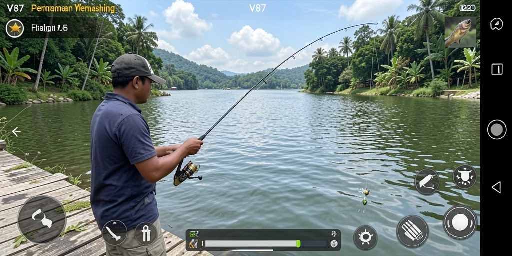 Screenshot gameplay V87 menampilkan pengalaman memancing yang menyenangkan.